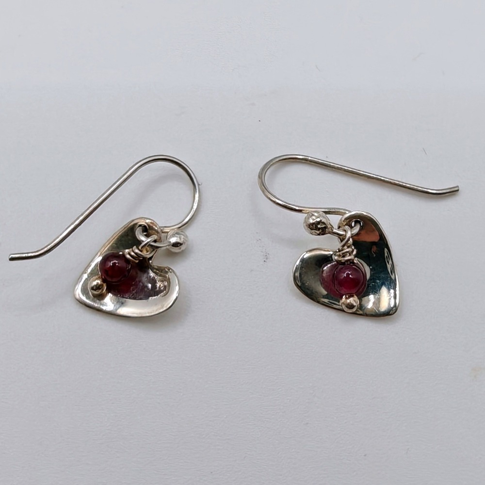 Sterling Silver Heart Garnet Dangle Earrings Artisan French Wire Red Gemstone